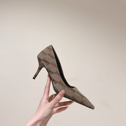 POINTED HIGH PUMPS IN BEIGE MONOGRAM JACQUARD FABRIC