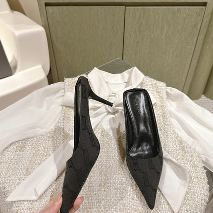 POINTED HIGH MULES IN BLACK MONOGRAM JACQUARD FABRIC