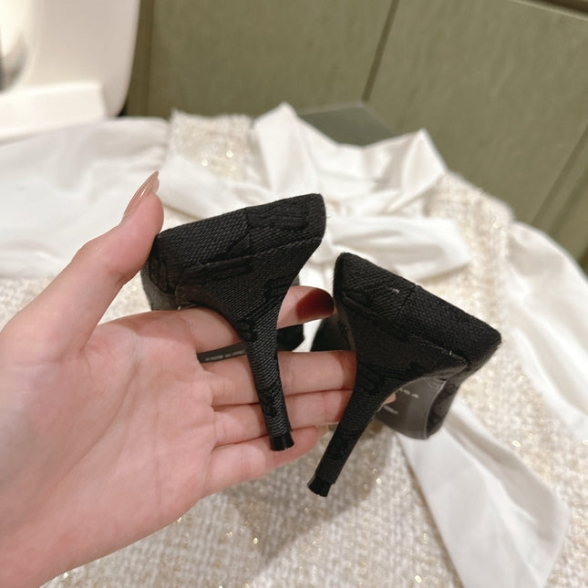 POINTED HIGH MULES IN BLACK MONOGRAM JACQUARD FABRIC