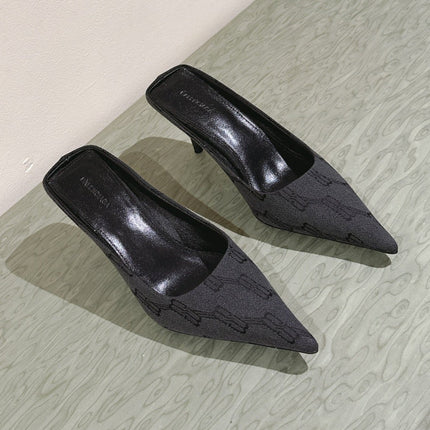 POINTED HIGH MULES IN BLACK MONOGRAM JACQUARD FABRIC