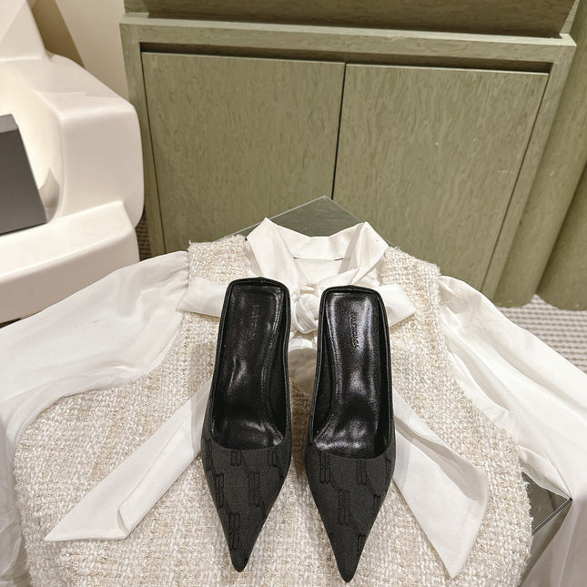 POINTED HIGH MULES IN BLACK MONOGRAM JACQUARD FABRIC