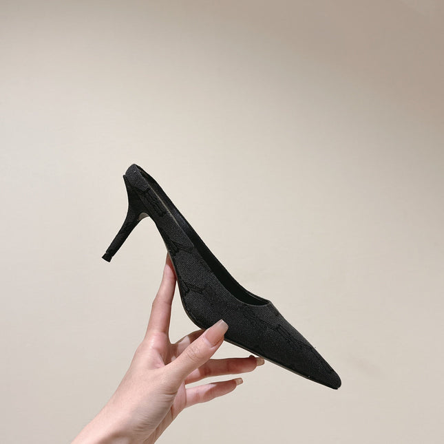 POINTED HIGH MULES IN BLACK MONOGRAM JACQUARD FABRIC