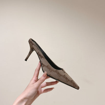 POINTED HIGH MULES IN BEIGE MONOGRAM JACQUARD FABRIC