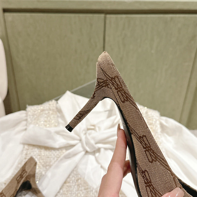 POINTED HIGH MULES IN BEIGE MONOGRAM JACQUARD FABRIC