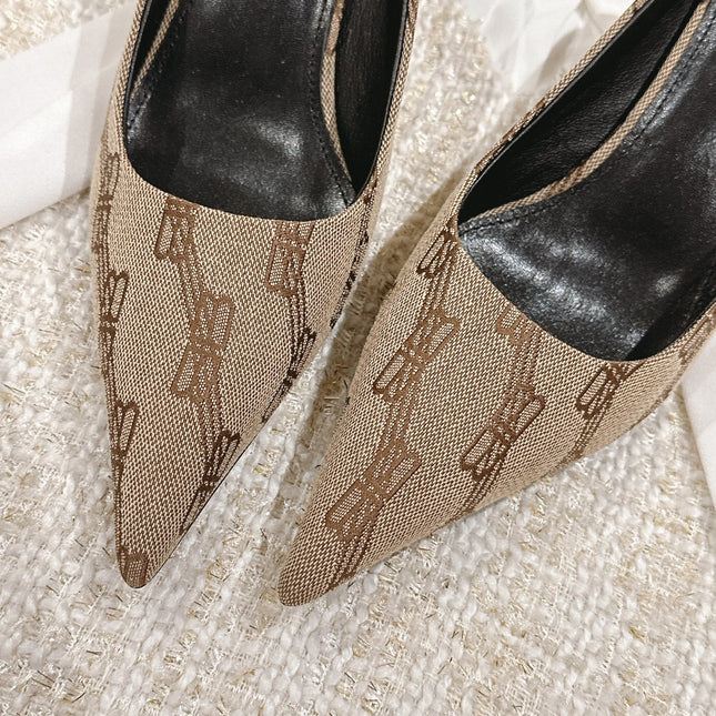POINTED HIGH MULES IN BEIGE MONOGRAM JACQUARD FABRIC