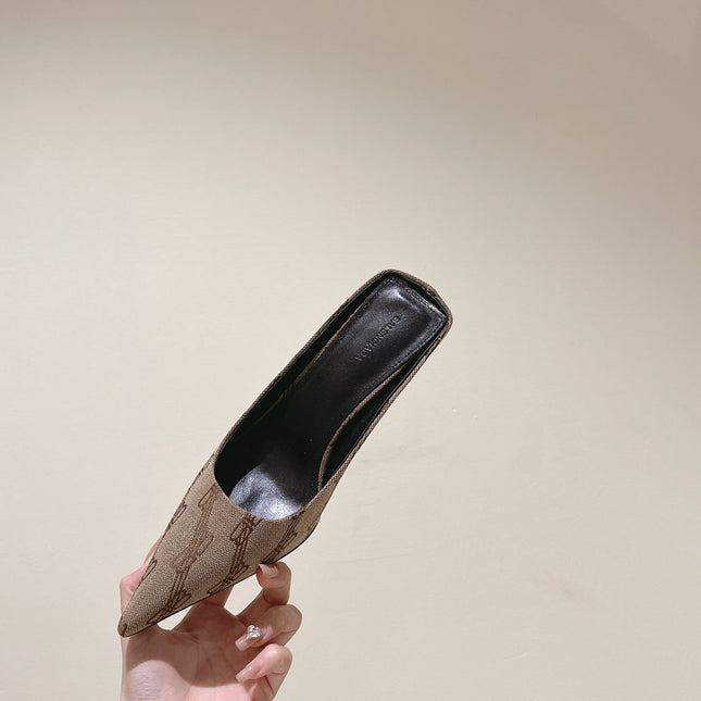 POINTED HIGH MULES IN BEIGE MONOGRAM JACQUARD FABRIC