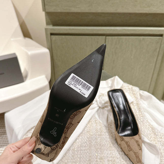 POINTED HIGH MULES IN BEIGE MONOGRAM JACQUARD FABRIC