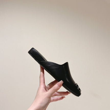 BLACK SHINY LAMBSKIN SQUARE TOE FLAT MULES BLACK BUCKLE