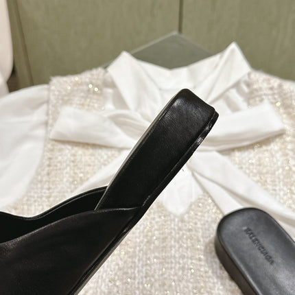 BLACK SHINY LAMBSKIN SQUARE TOE FLAT MULES BLACK BUCKLE