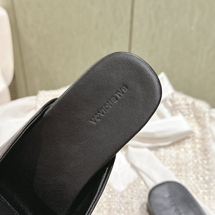 BLACK SHINY LAMBSKIN SQUARE TOE FLAT MULES GOLD BUCKLE