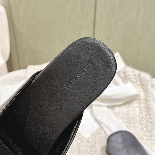 BLACK SHINY LAMBSKIN SQUARE TOE FLAT MULES GOLD BUCKLE