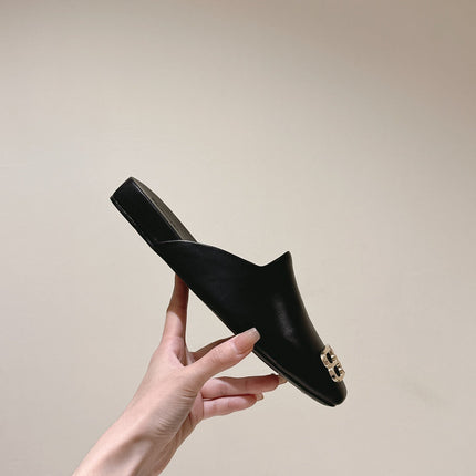 BLACK SHINY LAMBSKIN SQUARE TOE FLAT MULES GOLD BUCKLE