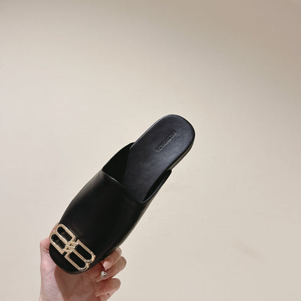 BLACK SHINY LAMBSKIN SQUARE TOE FLAT MULES GOLD BUCKLE
