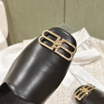 BLACK SHINY LAMBSKIN SQUARE TOE FLAT MULES GOLD BUCKLE