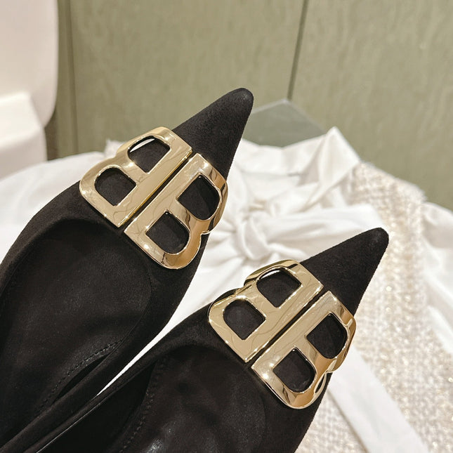 POINTED BB GOLD BUCKLE BALLET FLAT IN BLACK SUEDE