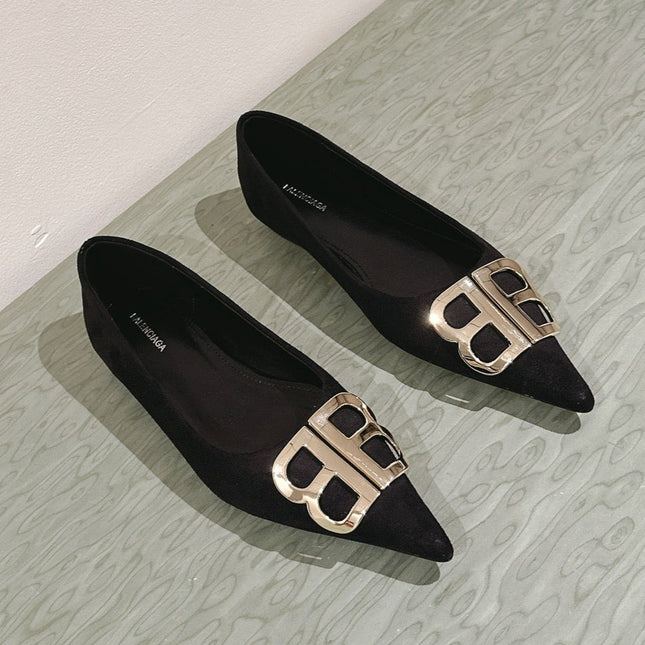 POINTED BB GOLD BUCKLE BALLET FLAT IN BLACK SUEDE