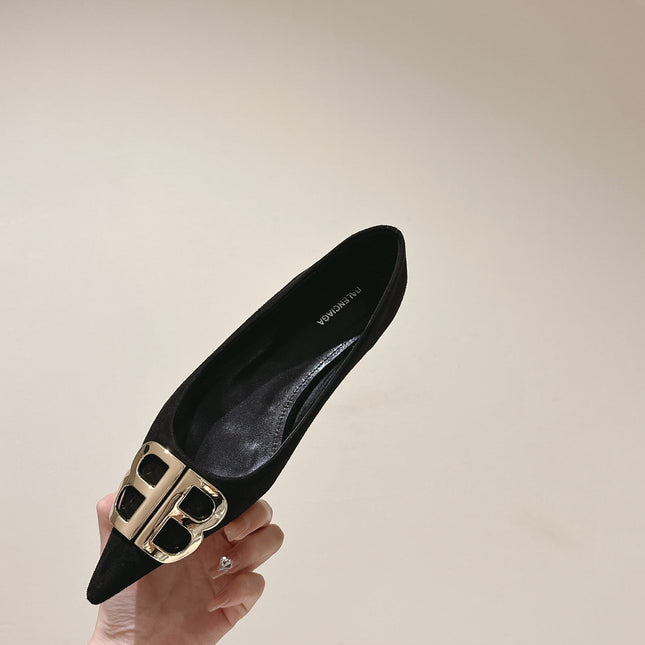 POINTED BB GOLD BUCKLE BALLET FLAT IN BLACK SUEDE