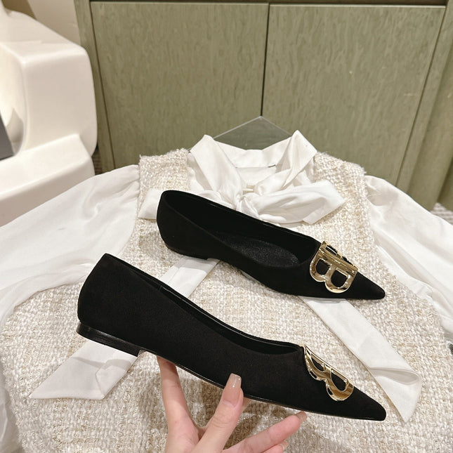 POINTED BB GOLD BUCKLE BALLET FLAT IN BLACK SUEDE