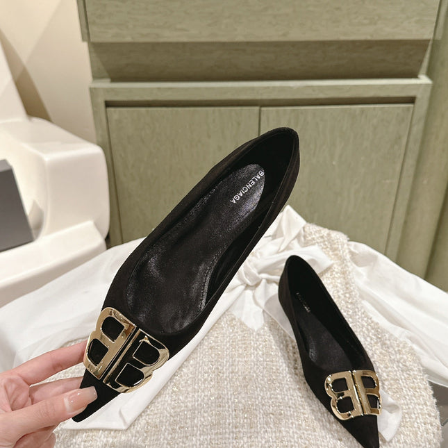 POINTED BB GOLD BUCKLE BALLET FLAT IN BLACK SUEDE