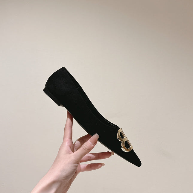 POINTED BB GOLD BUCKLE BALLET FLAT IN BLACK SUEDE