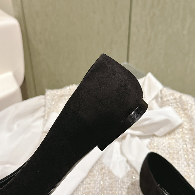 POINTED BB GOLD BUCKLE BALLET FLAT IN BLACK SUEDE