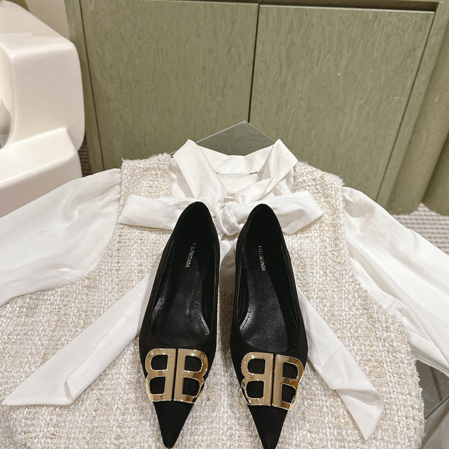 POINTED BB GOLD BUCKLE BALLET FLAT IN BLACK SUEDE