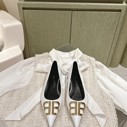 POINTED BB GOLD BUCKLE BALLET FLAT IN WHITE SHINY LAMBSKIN