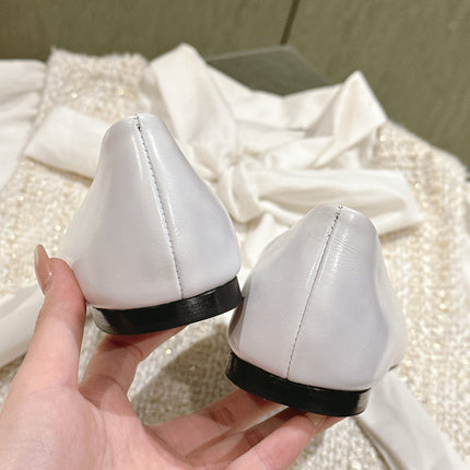 POINTED BB GOLD BUCKLE BALLET FLAT IN WHITE SHINY LAMBSKIN