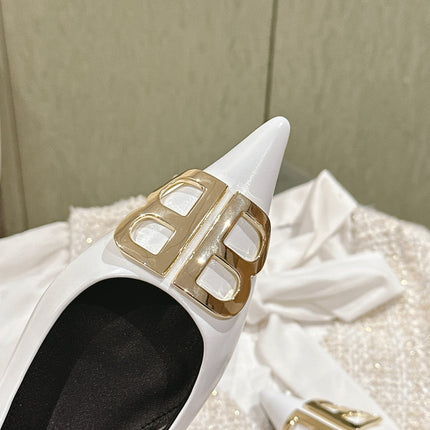 POINTED BB GOLD BUCKLE BALLET FLAT IN WHITE SHINY LAMBSKIN