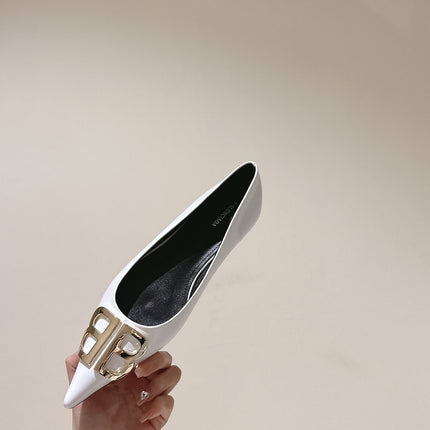 POINTED BB GOLD BUCKLE BALLET FLAT IN WHITE SHINY LAMBSKIN