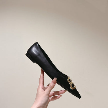 POINTED BB GOLD BUCKLE BALLET FLAT IN BLACK SMOOTH LAMBSKIN