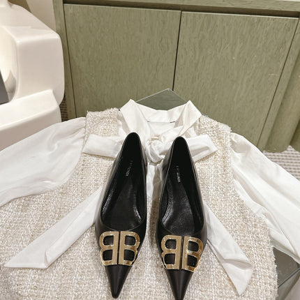 POINTED BB GOLD BUCKLE BALLET FLAT IN BLACK SMOOTH LAMBSKIN