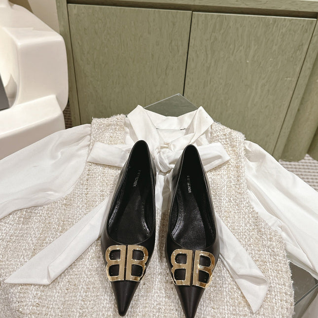 POINTED BB GOLD BUCKLE BALLET FLAT IN BLACK SMOOTH LAMBSKIN