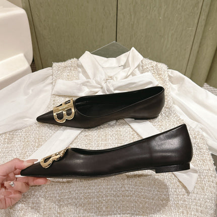 POINTED BB GOLD BUCKLE BALLET FLAT IN BLACK SMOOTH LAMBSKIN