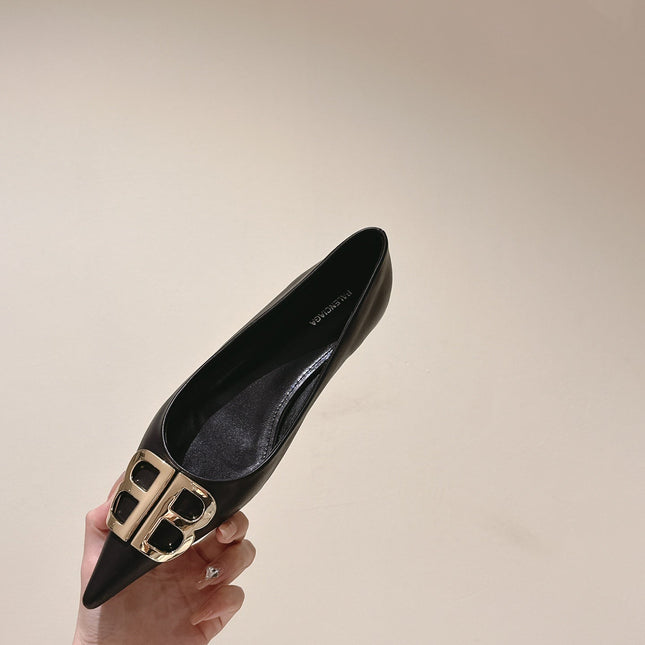 POINTED BB GOLD BUCKLE BALLET FLAT IN BLACK SMOOTH LAMBSKIN
