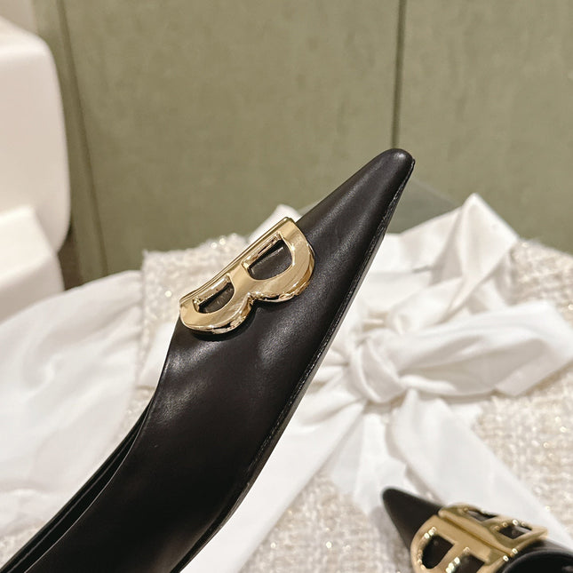 POINTED BB GOLD BUCKLE BALLET FLAT IN BLACK SMOOTH LAMBSKIN