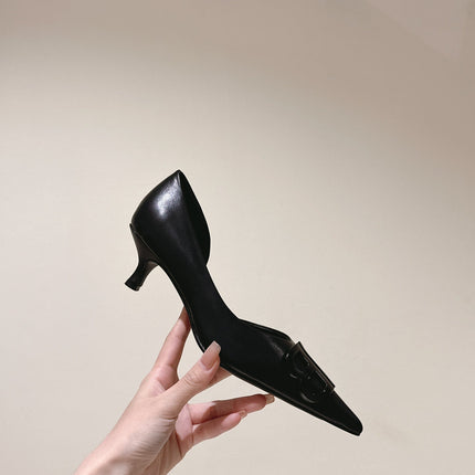 POINTED BB BLACK BUCKLE KITTEN HEEL PUMPS IN BLACK SMOOTH LAMBSKIN