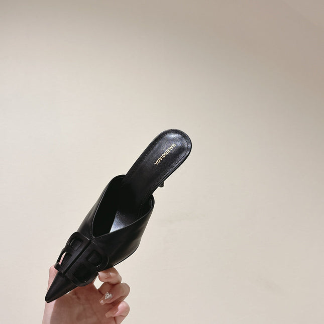 POINTED BB BLACK BUCKLE HIGH MULES IN BLACK SMOOTH LAMBSKIN