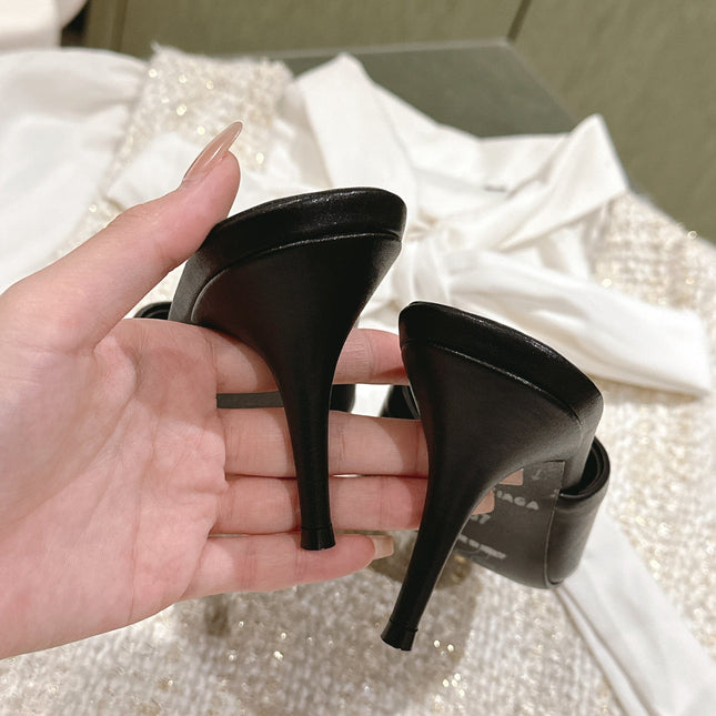 POINTED BB BLACK BUCKLE HIGH MULES IN BLACK SMOOTH LAMBSKIN