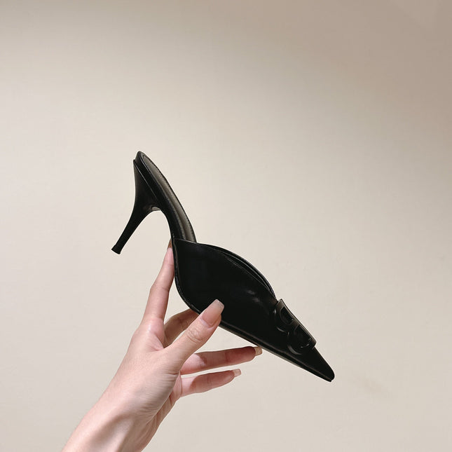 POINTED BB BLACK BUCKLE HIGH MULES IN BLACK SMOOTH LAMBSKIN