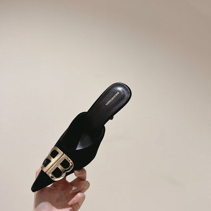 POINTED BB GOLD BUCKLE HIGH MULES IN BLACK VELVET