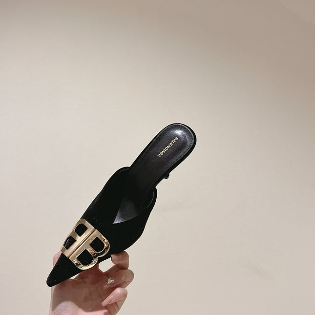 POINTED BB GOLD BUCKLE HIGH MULES IN BLACK VELVET