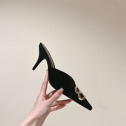POINTED BB GOLD BUCKLE HIGH MULES IN BLACK VELVET