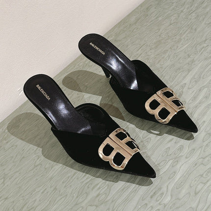 POINTED BB GOLD BUCKLE HIGH MULES IN BLACK VELVET