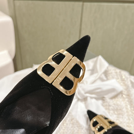 POINTED BB GOLD BUCKLE HIGH MULES IN BLACK VELVET