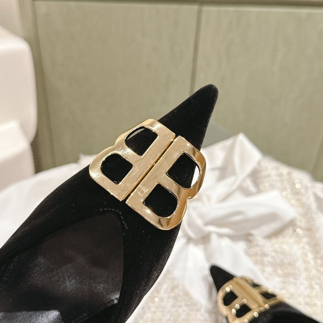 POINTED BB GOLD BUCKLE HIGH MULES IN BLACK VELVET