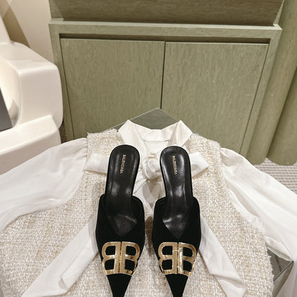 POINTED BB GOLD BUCKLE HIGH MULES IN BLACK VELVET