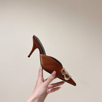 POINTED BB GOLD BUCKLE HIGH MULES IN BROWN RUST SILK