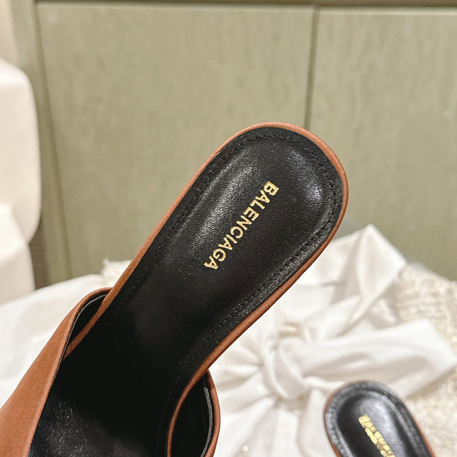 POINTED BB GOLD BUCKLE HIGH MULES IN BROWN RUST SILK