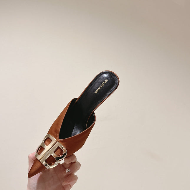 POINTED BB GOLD BUCKLE HIGH MULES IN BROWN RUST SILK